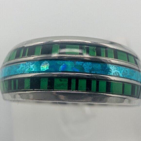 Stainless Steel Ring with Green and Blue Inlay - Picture 6 of 8
